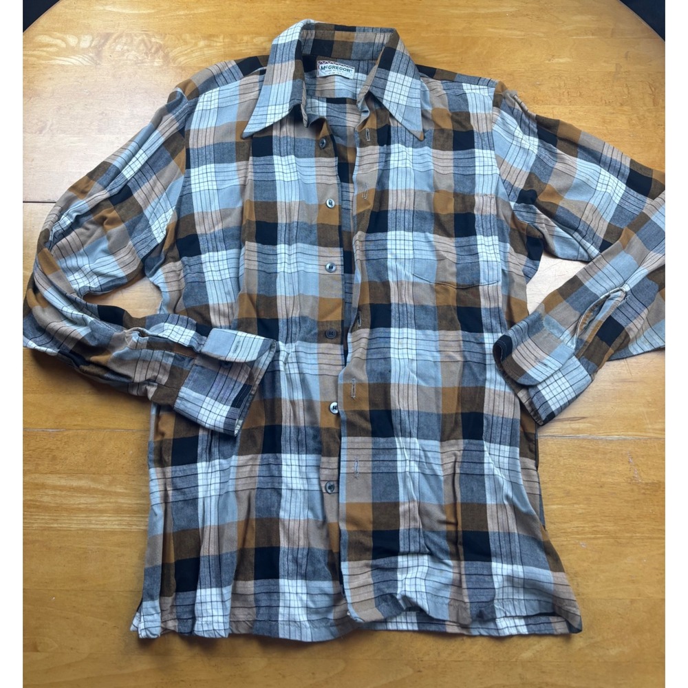 Vintage McGregor Plaid Button Down Shirt Mens Medium Brown Tan Made in USA 70s